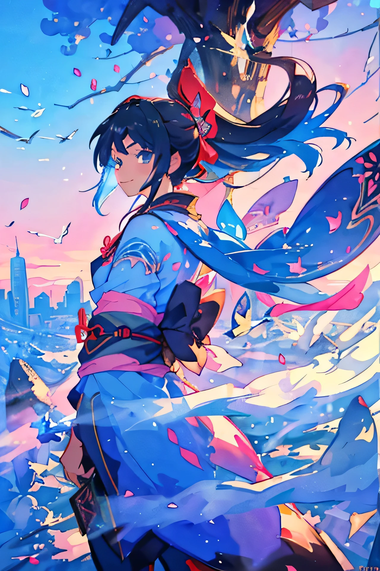 Luxury masterpiece, highest quality,
colorful smoke,
A girl, a ninja, wearing a beautiful kimono, comic style, anime style illustration, delicate details, ninja outfit, cool, cute, beautiful face, hair tied with a red ribbon, beautiful sky blue Hair shuriken, from the side, watercolor painting, colorful, glitter, brush painted art, blue eyes, watercolor clouds in the background, standing on a tree, overlooking the city, evening