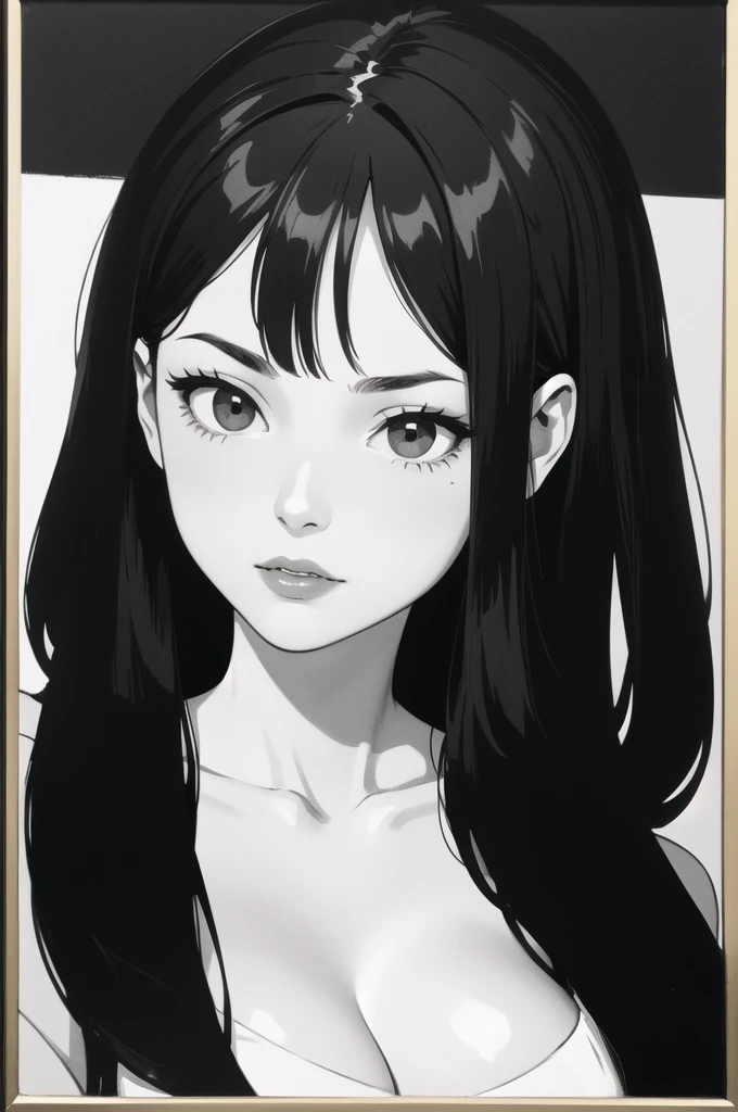 Best Quality, (Background Details), High Contrast, Very Beautiful Woman, Detailed Original Illustration, Functional, Ninja, Ninja Costume, Black Hair, Delicate Face, Charm, Bad Girl, Sexy, Real Breasts, Crazy Smile, Crazy Eyes, Black Background, (Black Background: 1.4) B&W, B&W Picture