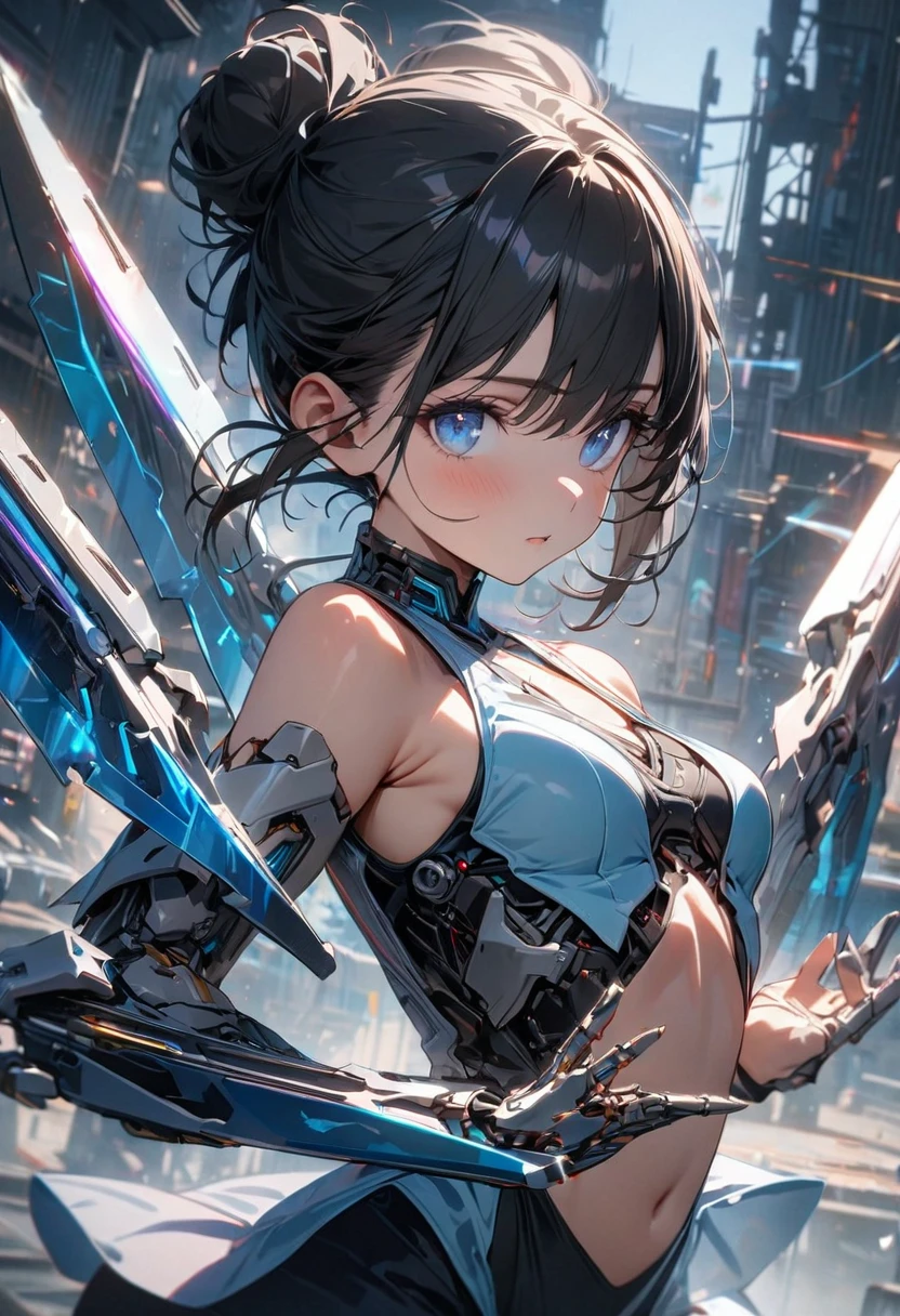 amazing artificial intelligence, Beautiful woman with a robot-like body, surreal, cinematic angle, blue neon blurred background, apparent circuit, lively, be familiar with, Zubrush, cartoon illustration