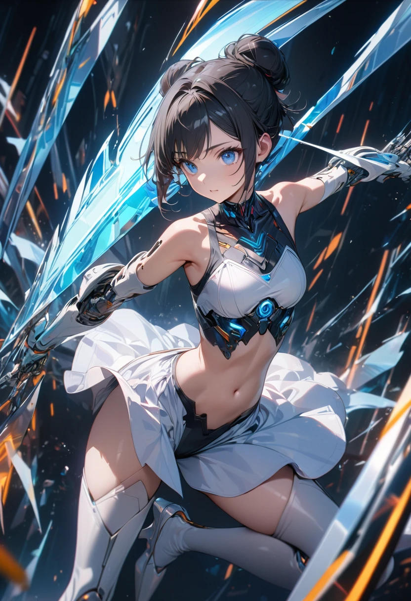 Young girl, black hair in a bun, blue eyes, cyborg, ballet form, sleeveless, open shoulders, open belly, , cyber blades on hands, transparent elements, Masterpiece, best quality, Full HD, 8k, ultra details, great graphic