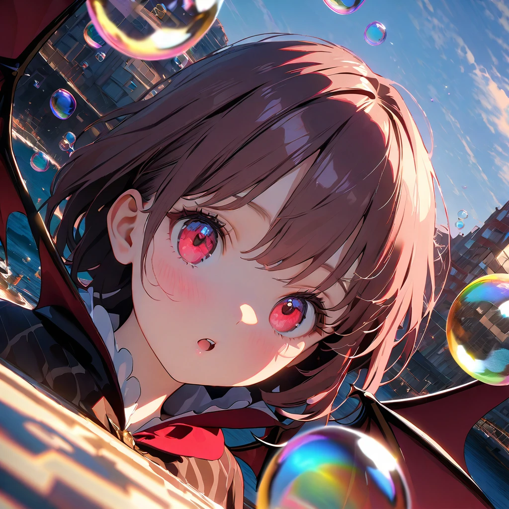 vampire、Girl with bat wings、(Lots of beautiful bubbles:1.4), break ,background\(Golden Hour,Very beautiful sea\), break ,quality\(8K,非常に精細なCGユニットのwallpaper, masterpiece,High resolution,top-quality,top-quality real texture skin,Surreal,Increase the resolution,RAW Photos,最高quality,Very detailed,wallpaper,Cinema Lighting,Ray-tracing,Golden Ratio\),Dynamic Angle,Bubbles close-up