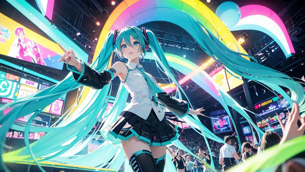 Please upscale Hatsune Miku。This painting depicts an active and colorful dance party scene featuring Hatsune Miku.。Colorful neon lights are shining all around.。