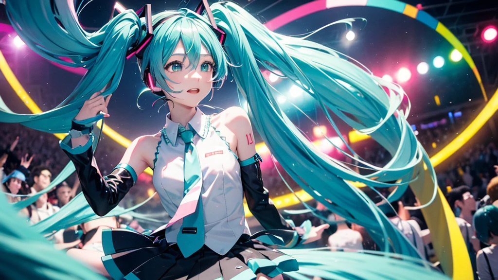 Please upscale Hatsune Miku。This painting depicts an active and colorful dance party scene featuring Hatsune Miku.。Colorful neon lights are shining all around.。