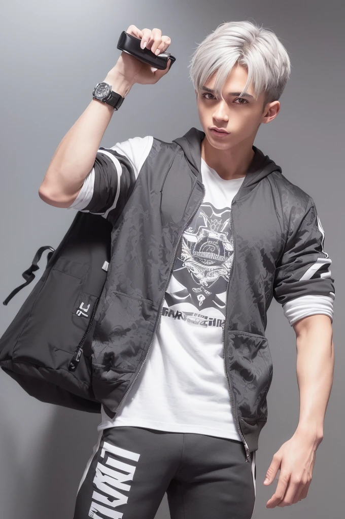 (8k high quality), (2d high quality), (high anime quality), (handsome young boy), shining shaggy grey hair), (beautiful grey eyes), (smooth fair skin), (beautiful arched eyebrow), (silver wristwatch), (white t-shirt with different printed design), (gray-white contrast trim bomber jacket with 2 in 1 hoodie), (black hiking/combat tactical pants with white-gray lines)