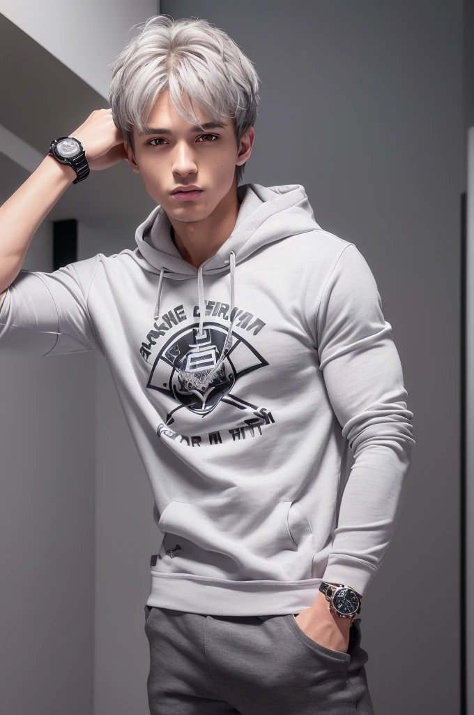 (8k high quality), (2d high quality), (high anime quality), (handsome young boy), shining shaggy grey hair), (beautiful grey eyes), (smooth fair skin), (beautiful arched eyebrow), (silver wristwatch), (white t-shirt with different printed design), (gray-white contrast trim bomber jacket with 2 in 1 hoodie), (black hiking/combat tactical pants with white-gray lines)