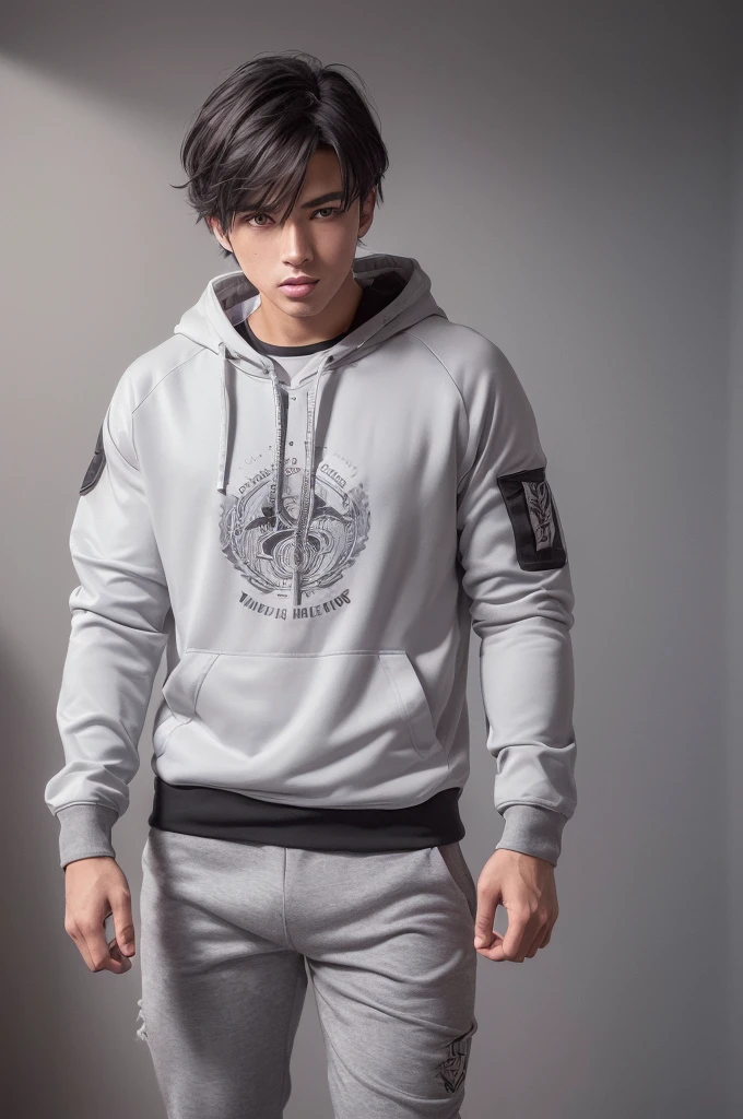 (8k high quality), (2d high quality), (high anime quality), (handsome young boy), shining shaggy grey hair), (beautiful grey eyes), (smooth fair skin), (beautiful arched eyebrow), (silver wristwatch), (white t-shirt with different printed design), (gray-white contrast trim bomber jacket with 2 in 1 hoodie), (black hiking/combat tactical pants with white-gray lines)