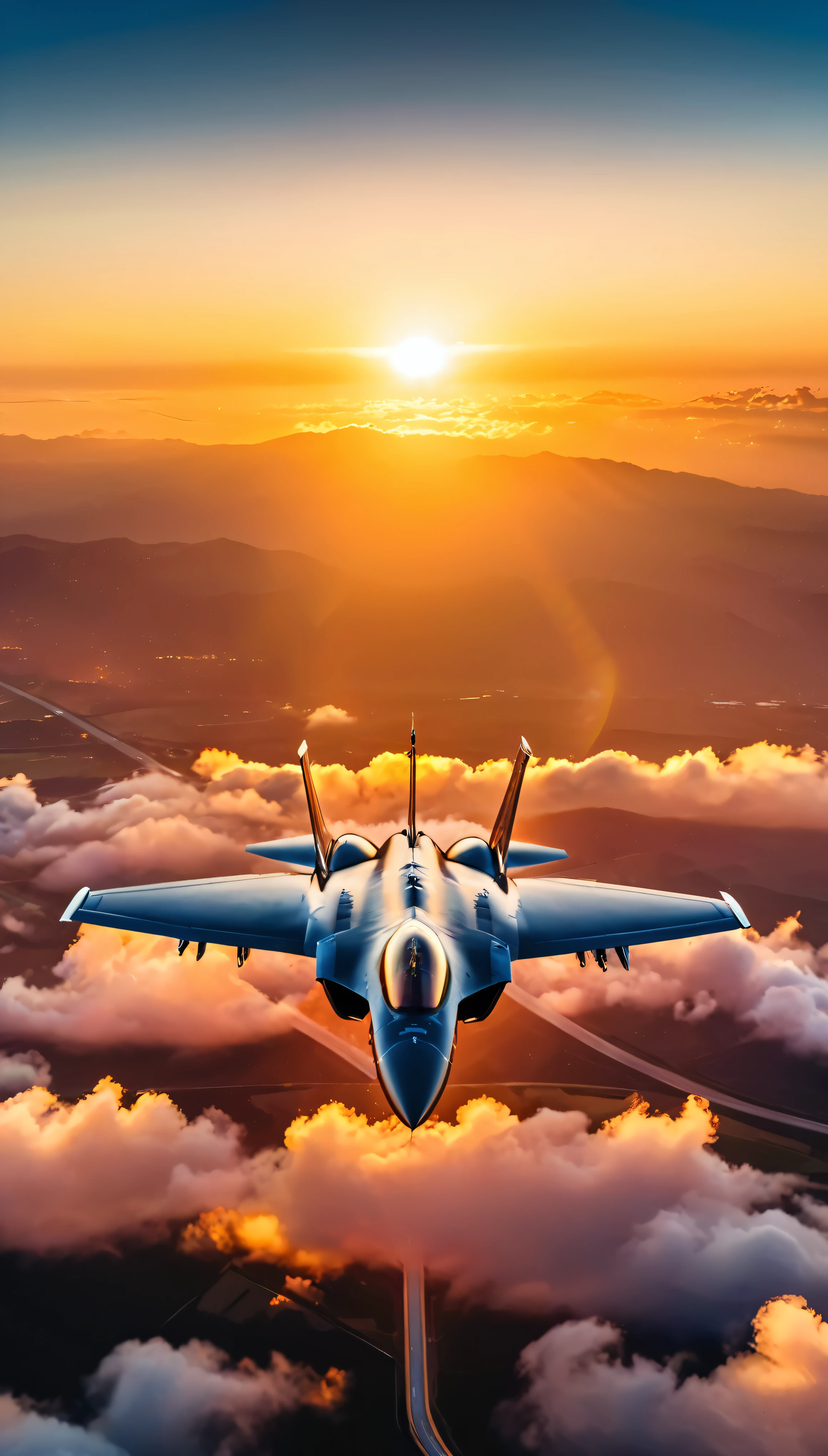 wide shot photo of Modern Fighter Jet, RAW, ((Fighter Jet):1.3), ((Majestic Decal):1.1), ((Tyndall Effect):1.2), ((Aerial view of the sunrise over a landscape):1.5), ((Sunrise illuminate dark twilight sky)1.4), ((Dark twilight sky):1.2), (finely detailed airplane), (detailed airplane), (flying into sunrise) (warm colors), breeze, breeze, reflection, (masterpiece), (perfect aspect ratio), (realistic photo), (best quality), (detailed) photographed on a Canon EOS R5, 50mm lens, F/2.8, HDR, (8k) (wallpaper) (cinematic lighting) (dramatic lighting) (sharp focus) (intricate). With a focus on high quality and accuracy, this award-winning portrayal captures every nuance in stunning 16k resolution, immersing viewers in its depiction. Avoid extreme angles to maintain realism. ((perfect_composition, perfect_design, perfect_layout, perfect_detail, ultra_detailed)), ((enhance_all, fix_everything)), More Detail, Enhance.