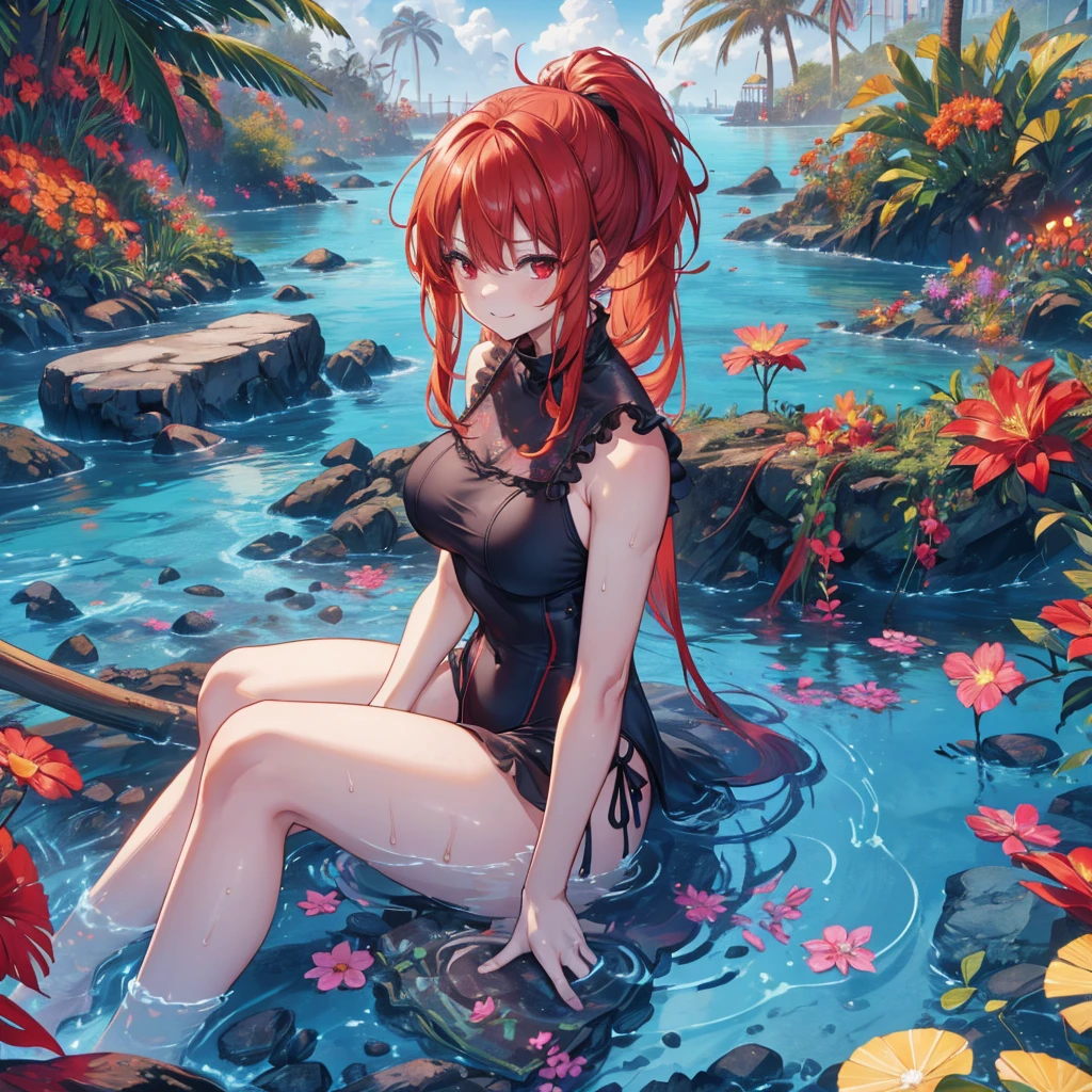 Parasol, food, basket, flip flops, vinyl sheet, Beaches and sands, Calm expression, Perfect hands, elder, Red Hair, The dignity of a 50-year-old, 落ち着きのあるwoman, solo、(Highly detailed background:1.0)、(Highly detailed background:1.0)、masterpiece、Highest quality、(Babes)、Fractal Art、Red eyes、Narrow eyes、Sexy black and red swimsuit, Reddish cheeks、Tropical Sea、From the shoulders up、Recall、smile、One Woman、Three-dimensional clouds、Venice beach, Red long ponytail, Red eyes,スタイリッシュなアクセサリーsolo, Big Breasts, woman, Take-out, Provocative laughter,40 year old woman,Queen of Sadism, Highly detailed background, Great writing style, Sit with both hands outstretched, Splash, Diffuse reflection of light, Perfect Human Medicine, Water breathing, Bare Skin, barefoot, Sweat,