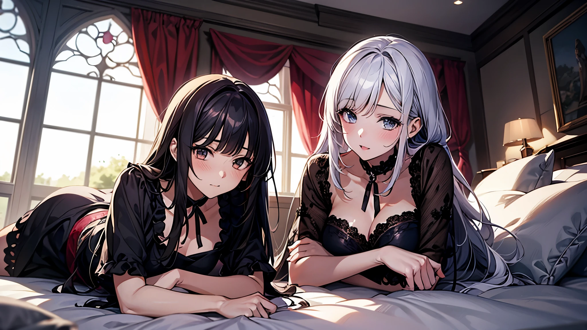 Anime image of two girls lying in bed with a window in the background, Anime drawing by Kamaguruka, Pixiv, Gothic art, Two beautiful anime girls, everyone, from Girls' Frontline, trending on artstation Pixiv, Fine details. Girls' Frontline, guweiz on Pixiv artstation, guweiz on artstation Pixiv、((different colored dresses、(High heels)))、(smile)、(Close-up photo of the upper body)、High angle、Look Up、Photo with white border、lie down、looking at the camera、((Biologically correct limb count))、((whole body including face))、4K、Masterpiece、((Focus on the face))、((Symmetrical, well-proportioned facial features))、Eyes with delicate depictions