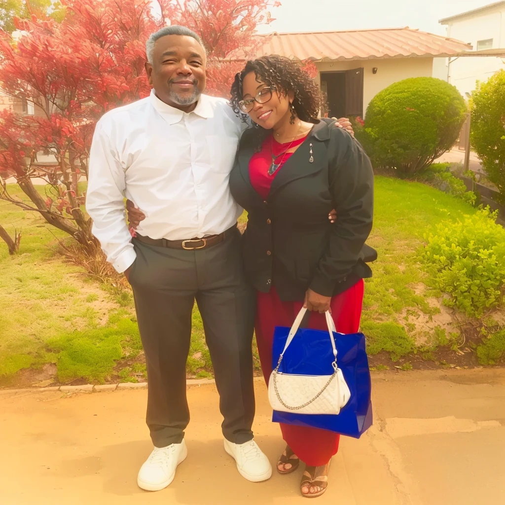 They're on the outside, in front of a house with a red bush behind them, Lovely couple, Mom and Dad, taken at the beginning of 2020, with God, edited, the background is heavenly, profile image, foto perfil, he is about 2 5 years old, ney matogrosso with malice, he is! about 30 years