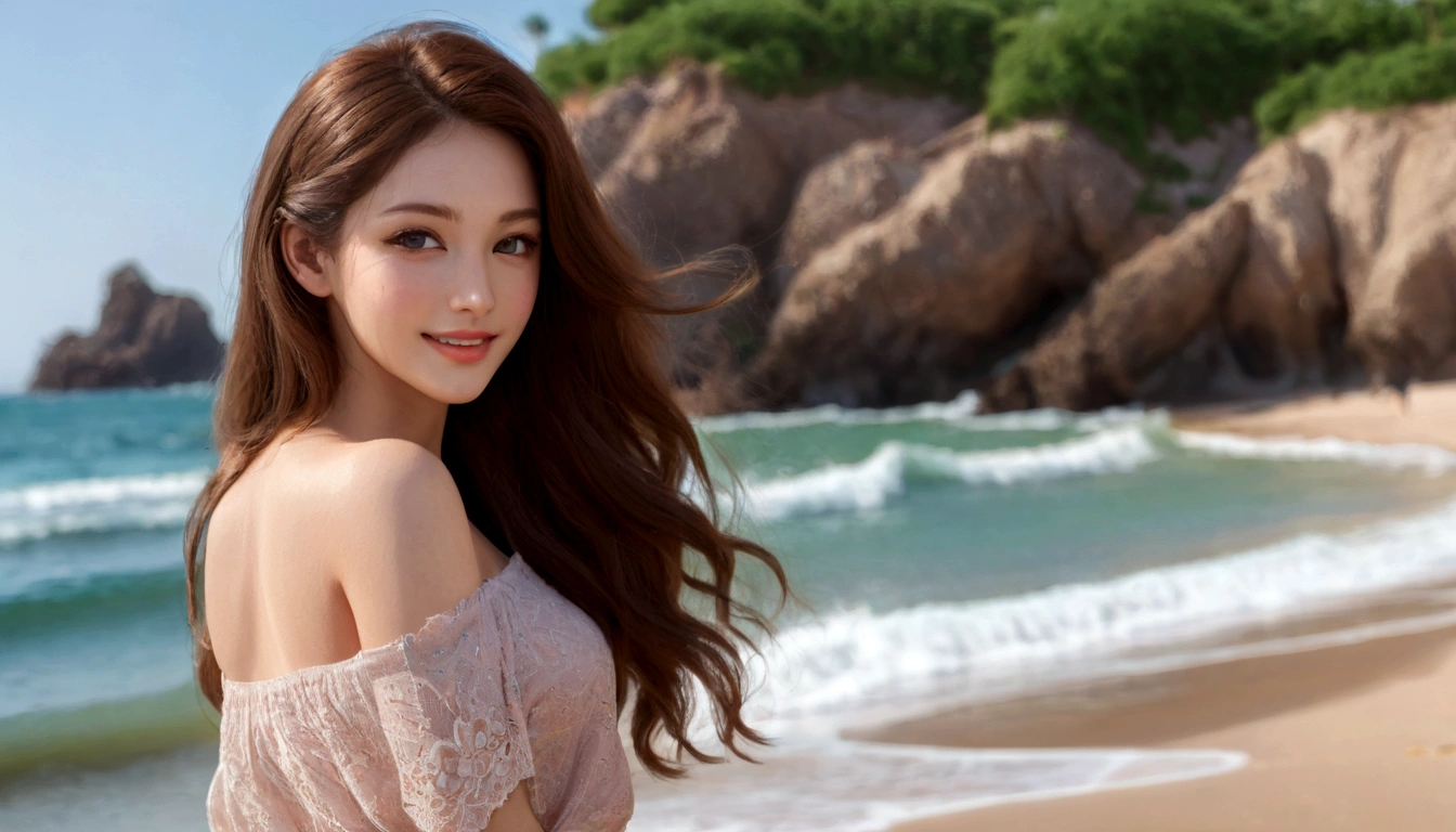 A beautiful woman, 25 years old, plump, wearing a beautiful long skirt, slender thighs, perfect figure, exquisite facial features, Divine eyes, beautiful eyes,background: beautiful beach, happy, comfortable lying on the beach , showing off her slender legs, on vacation,wet wavy hair in the wind. she's a men magazine model, She has a subtle smile and flirts with the camera,perfect eyes, perfect hands, perfect body, perfect hair, hair behind ear, UHD, retina, masterpiece, accurate , anatomically correct, textured skin, super detail, high details, high quality, award winning, best quality, highres, 16k, 8k