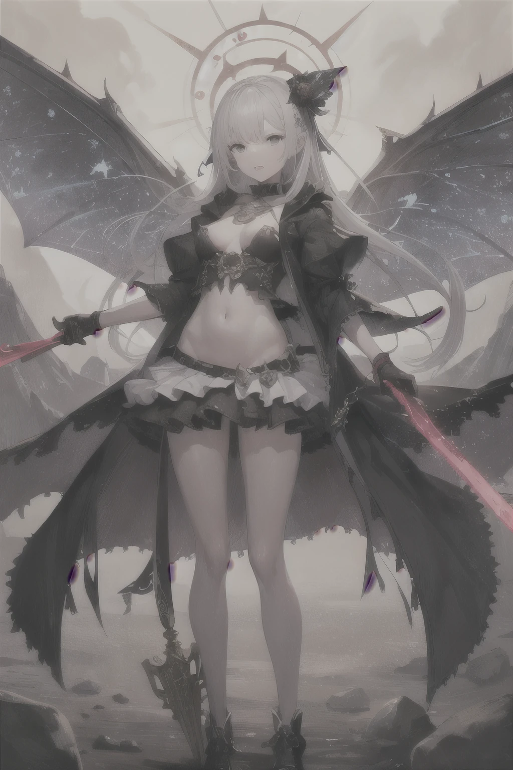 ((best quality)), ((masterpiece)), (detailed), 1girl, Character design, NSFW, scholarly female, scholar, female scholar, educator, teacher, fortune teller, holding a large bell, carrying a large bell, ringing a large bell, bell, astrology, astrological symbolism, star reading, celestrial theme, heavens, heavens above, constellations, imposing, terrifying, biblical, blood magic, blood mage, dynamic poses, long white grey hair, grey white eyes, very skinny, detailed, best quality, prominent collarbones, skinny arms, flat stomach, visible hip bones, small breasts, full body, blank white background, plain background, white background, red and white clothing, Bloodborne inspired, occult aesthetic, occult, detailed and intricate steampunk and detailed gothic, NSFW, Fluttering lace flared long knee length dress with frilly petticoats, knee length dress, pleated petticoats, petticoats gothic, complex lace boots, gothic aesthetic, wielding a mighty sword with mechanical components, mandalas, small breasts, a fairy, various different types of insect wings, bug wings, beetle wings, NSFW, full body, whole body, body, chains,