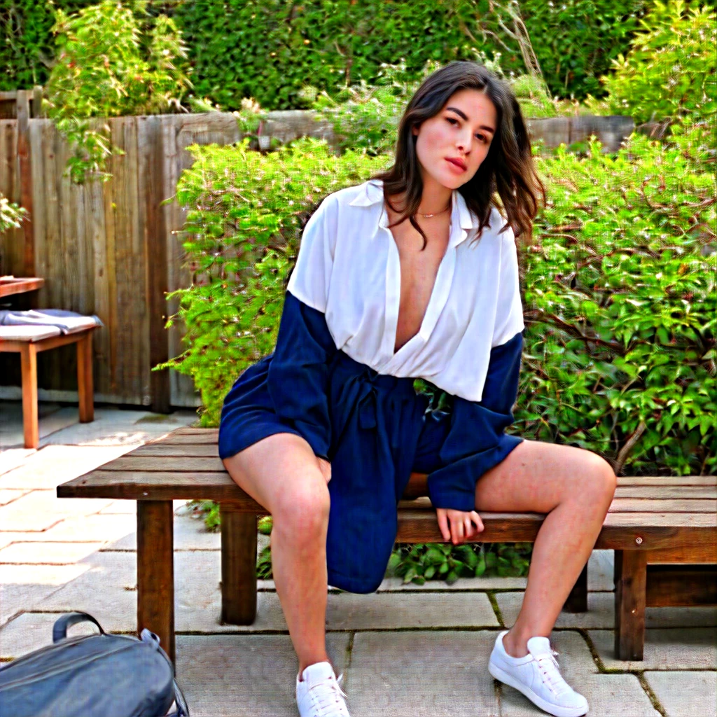 Jeune femme, 25 ans, brune, extrêmement réaliste, en tenue de sport, qui prend la pose de face, assise a une table dans un jardin japonais