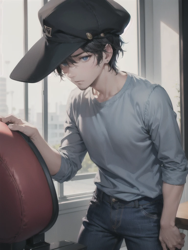 30 year old man ,tired eyes with dark circles ,moreno ,ragged clothes gray shirt ,blue pants ,black hat ,musculoso