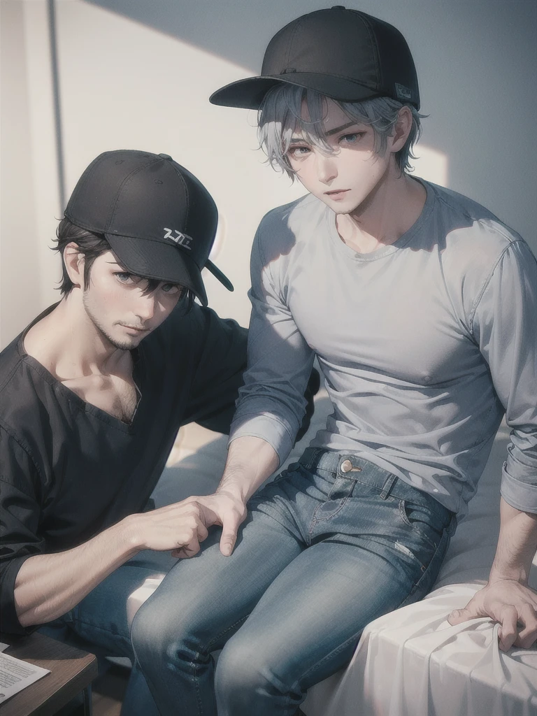 30 year old man ,tired eyes with dark circles ,moreno ,ragged clothes gray shirt ,blue pants ,black hat ,musculoso