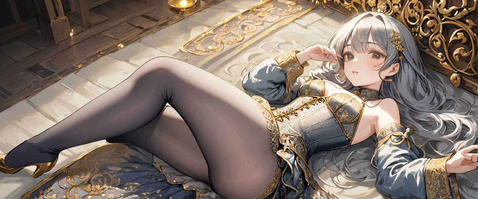 Medieval1people々 girl、 Gold and silver embroidery、In underwear、Wearing knee-length semi-transparent bloomers、Wearing a semi-transparent corset、 Grey translucent tights、Lying down