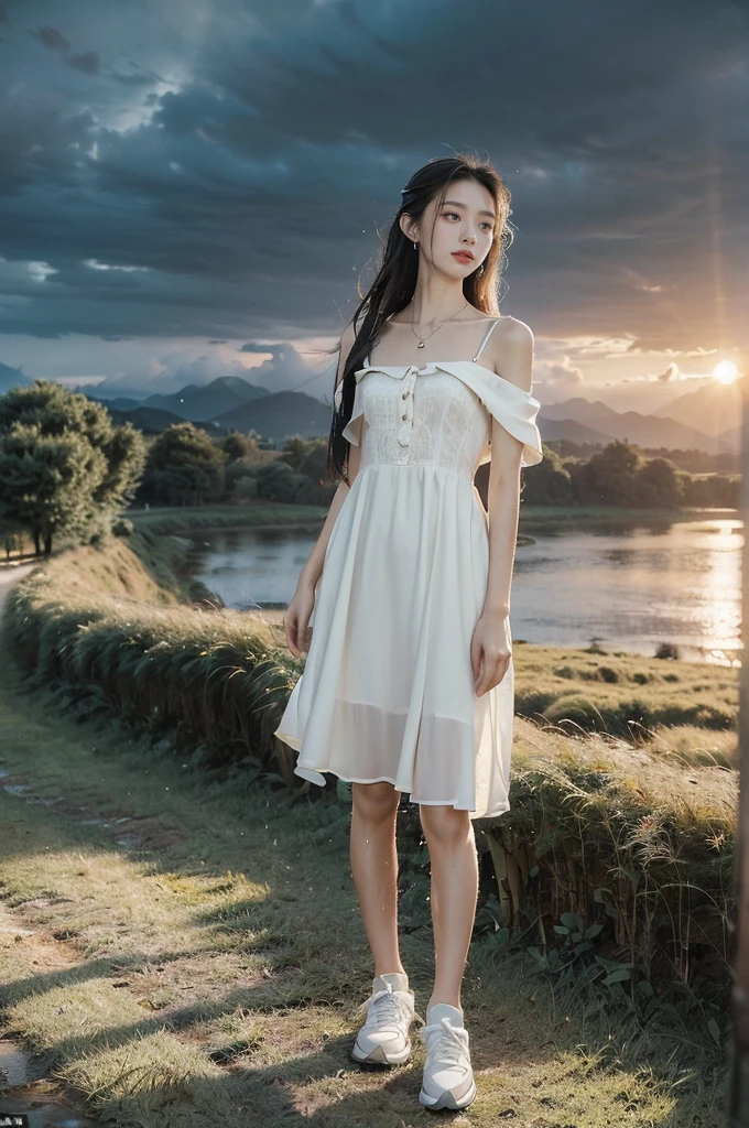 (((best quality))),(((ultra detailed))),(((masterpiece))),illustration,((1 beautiful girl,solo)),((slim,thin,flat chest)),(shoulder length straight hair:1.2),flowing hair,fair skin,(shiny skin:1.3),detailed eyes,laughing,(shirt-dress:1.3),delicate necklace,grass,dewdropletts,trees,bird chirping,serenity,gratitude,awe,wonders of nature,peace,contentment,magnificent world,summer,(pitch-dark dawn:1.5),(night scene:1.3),((full body,from front)),after rain,(wet:1.3),standing,on the path,At the mountaintop,confident gaze,elegant posture,mysterious atmosphere,solemn mood,dawn approaching,detailed decorations,(sunrise:1.3),(cloudy sky:1.2),rainbow,(Rural Landscape:1.2),horizon,slender legs,sneakers,