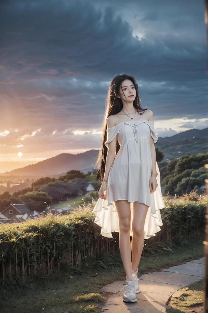 (((best quality))),(((ultra detailed))),(((masterpiece))),illustration,((1 beautiful girl,solo)),((slim,thin,flat chest)),(shoulder length straight hair:1.2),flowing hair,fair skin,(shiny skin:1.3),detailed eyes,laughing,(shirt-dress:1.3),delicate necklace,grass,dewdropletts,trees,bird chirping,serenity,gratitude,awe,wonders of nature,peace,contentment,magnificent world,summer,(pitch-dark dawn:1.5),(night scene:1.3),((full body,from front)),after rain,(wet:1.3),standing,on the path,At the mountaintop,confident gaze,elegant posture,mysterious atmosphere,solemn mood,dawn approaching,detailed decorations,(sunrise:1.3),(cloudy sky:1.2),rainbow,(Rural Landscape:1.2),horizon,slender legs,sneakers,