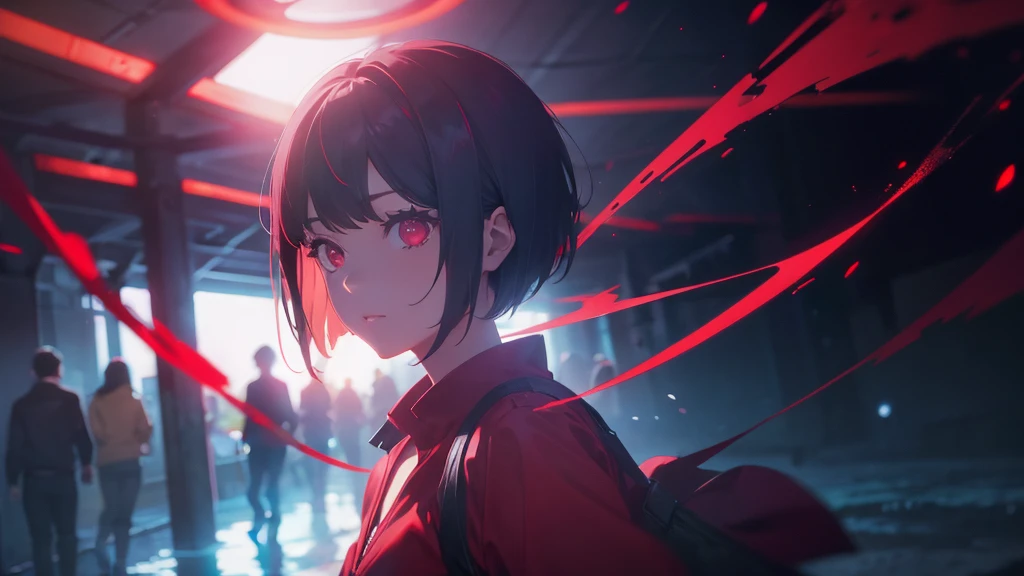 girl with short bob hair,Red eyes ,A shining heaven,Walking in heaven