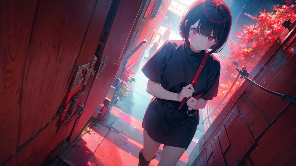 girl with short bob hair,Red eyes ,A shining heaven,Walking in heaven