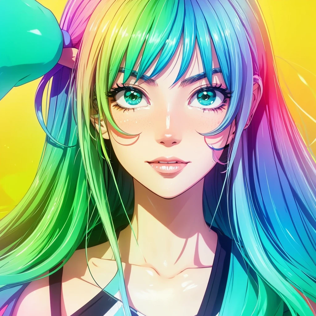 Create a vibrant anime-style girl portrait, Yellow to green、And multi-coloured hair that turns blue. A girl&#39;s hair should flow naturally., And she is big, Expressive blue eyes. Her expression should be soft and gentle, With a warm and kind smile. A combination of warm and cool colors is preferable for the background., Enhance a girl&#39;s hair. She should be wearing a black lace dress with detailed embellishments., Adding elegance to her appearance. The overall atmosphere of the artwork is bright.、It should be attractive, Capture the girl&#39;s sweet and friendly demeanor.　Draw the whole body"