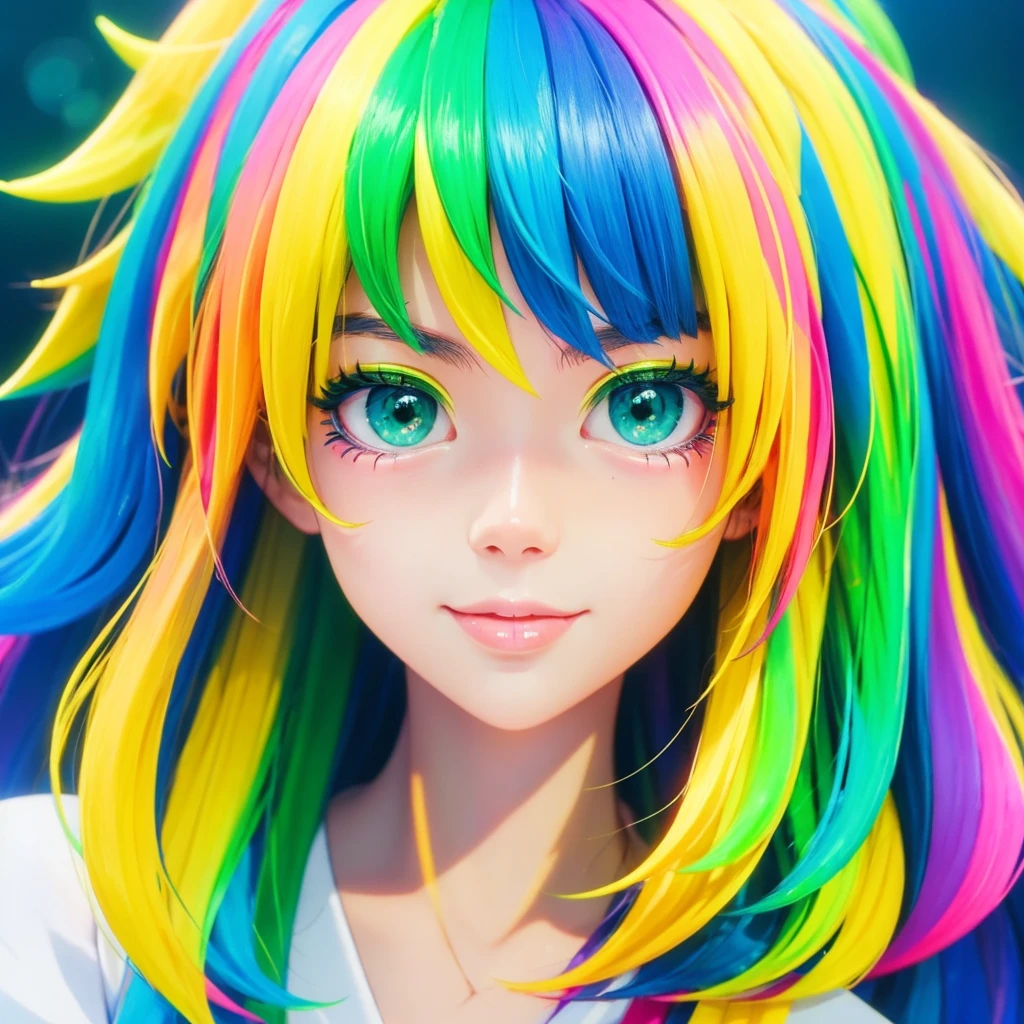 Create a vibrant anime-style girl portrait, Yellow to green、And multi-coloured hair that turns blue. A girl's hair should flow naturally., And she is big, Expressive blue eyes. Her expression should be soft and gentle, With a warm and kind smile. A combination of warm and cool colors is preferable for the background., Enhance a girl's hair. She should be wearing a black lace dress with detailed embellishments., Adding elegance to her appearance. The overall atmosphere of the artwork is bright.、It should be attractive, Capture the girl's sweet and friendly demeanor. Draw the whole body"