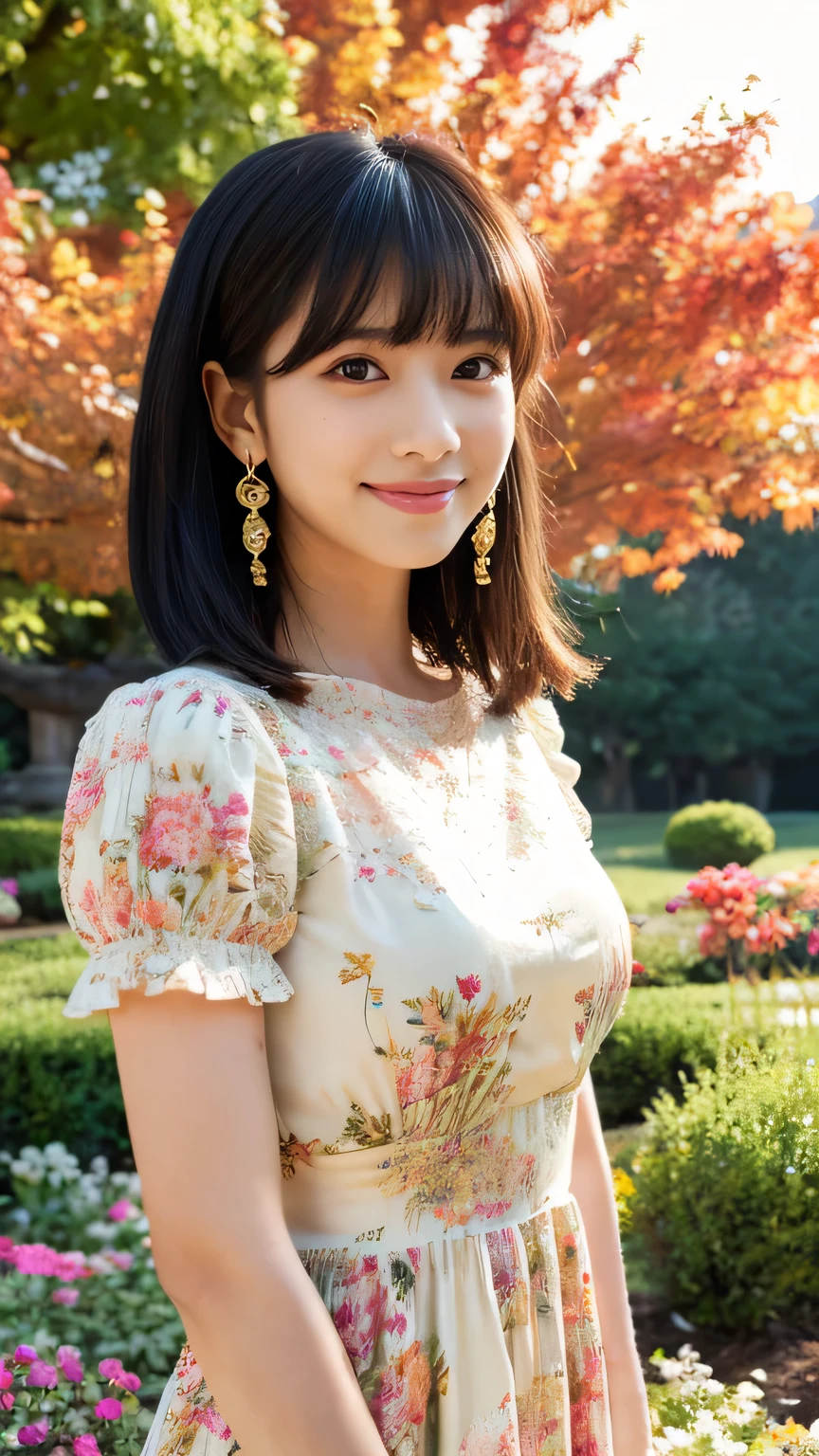 ((masterpiece)), 8K, masterpiece, Highest quality, 1 Girl, alone, Realistic, Autumn garden, Realistic, Very detailed, Detailed Background, (alone: 1.4), Wearing a colorful dress, Happy expression, Slender body, リアルでVery detailed長い髪, Intricate details, masterpiece, Highest quality, West Shot, ((Colorful flower garden background)), smile, ((looking at the camera)), Earrings, Black long hair, Asymmetrical bangs , Natural Breasts,
