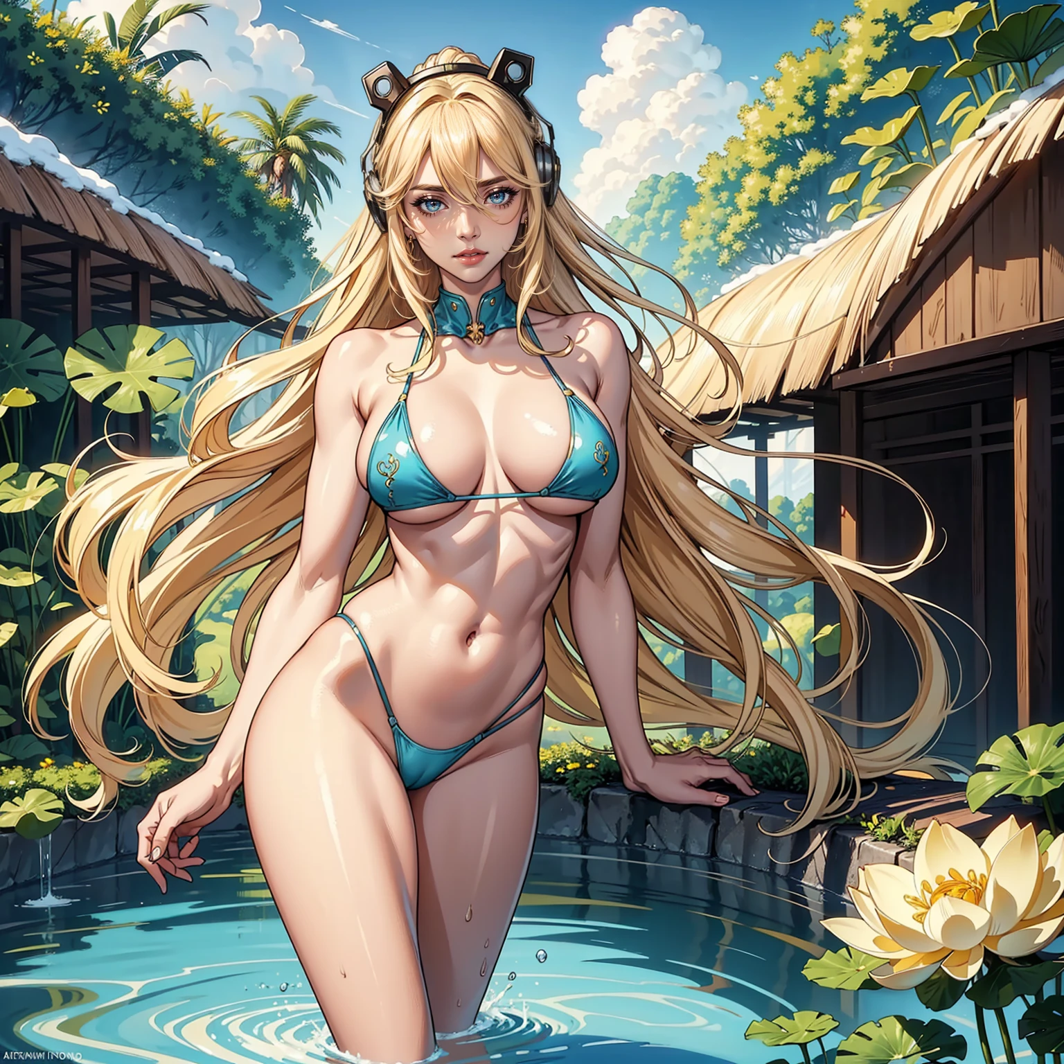 Masterpiece, Professional, High Definition - quality, sharp focus, perfect artwork, Best Illustration, trending on artstation, UHD, 4k, full body, NSFW
1female,45 yers old,Married Woman, mature,plumw,extremely large bosom,Big breasts Thin waist,long leges Background with:,the rainforest,lotus flower,swimmingpool, She has long blonde hair,bobo head,,seen from the front, Stand in the pool, mostly cloudy sky,detailed back ground,beatiful detailed eyes,Bright pupils,Black eyes,Snow-whiteskin,Redlip(Very fine and beautiful),(Beautiful and detailed eye description), facing at camera, ,revealing breasts,Bare genitalia, Bulge,legs are open,Raised sexy,Camel toes,Flushed complexion,Desire for dissatisfaction,frontage,(Wearing:,headset on head,Clear bikini), huge muscles