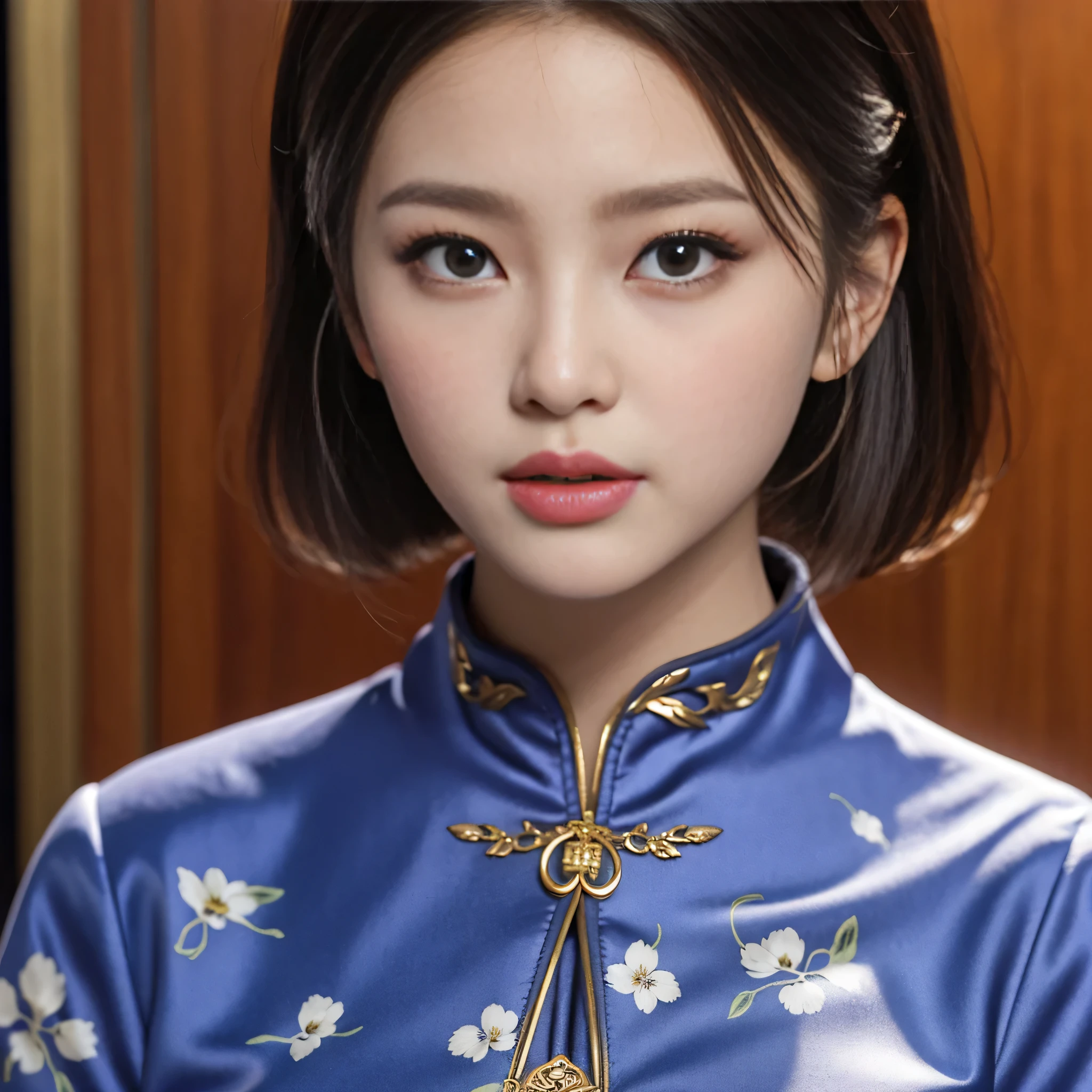 （Hyperrealistic,）4K,35mm，hyper-high detail, Professional lighting, Best quality, Ultra-high resolution, Visually stunning, (1girll:1.3), National style cheongsam,,realskin,（Perfect body 1.3）Ultra-fine face。