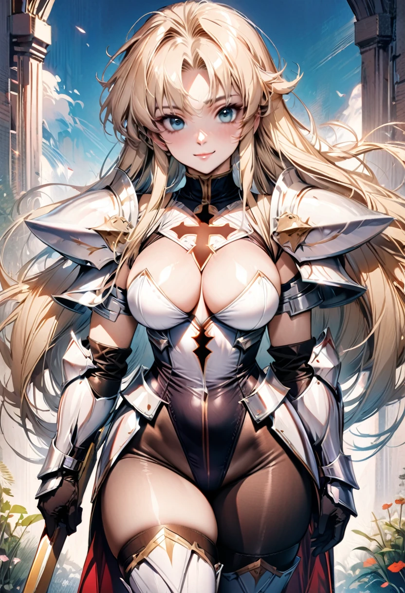 ((highest quality)), ((masterpiece)), ((hyperrealistic)), (detailed background), solo, 1girl, ((curvy: 1.2)), kawaii, gentle smile, ((Princess Knight)), langrisser, blonde braided long hair, Cross Claymore, ((Large cross pattern Leotard: 1.5)), (paladin armor: 1.3), ((ArmoredDress)), ((Tight-fitting leotard bodysuit)), ((large breasts)), ((arm guard gauntlet)), leather long gloves, ((zettai ryouiki thigh boots)), (big butt), (cleavage cutout), (Groin), (thigh), (See-through black pantyhose), beautiful aqua eyes, droopy eyes, parted bangs, perfect face, Perfect hands, perfect fingers, Blue sky and grassland, posing, 