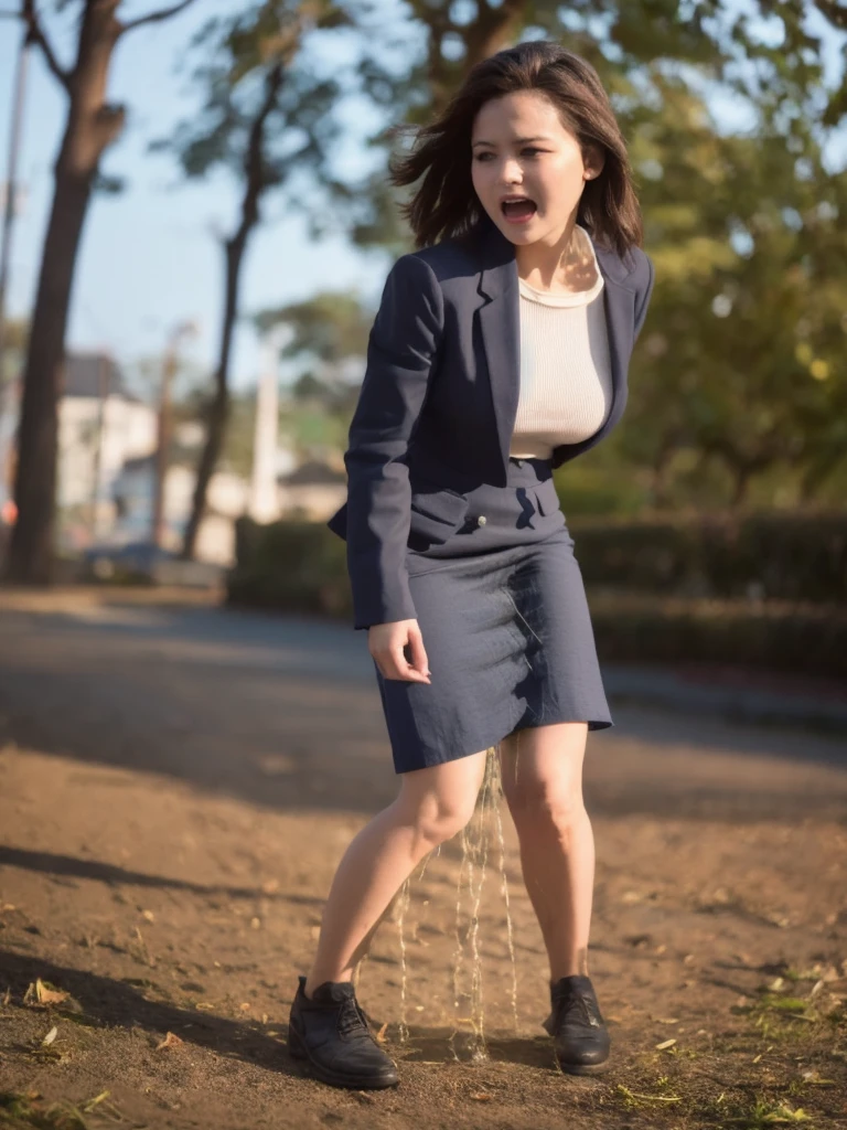 (masutepiece,High quality,16k:1.1),(depth of fields:1.3) ,((front body:1.35)), Ukrainian ,Woman, blonde,makeup,((cotton business suit, short black pencil skirt)), tights,huge breasts, voluptuous, thicc, curvy,(Looking at Viewer:1.3),(full body shot:1.2),(Beautiful Morning view of town:1.2),peeing self, wetting her clothes, can't hold her pee face, wetting herself desperate,wet skirt very badly in the front, her body can't hold her pee and wets herself ultra desperate in the middle of the cicty in absolute desperaton wetting herself, pee runing down her legs, standing up, hyper pee desperate face, big pee pudle