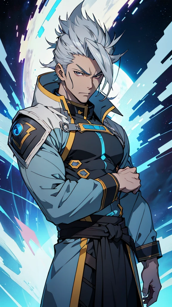 naughty man;
masculine;
brawny;
Platinum colored hair;
long and spiky hair;
bluish gray skin (avatar type);
Plasma veins;
Black colored eyes;
Cao Cao;
space background;