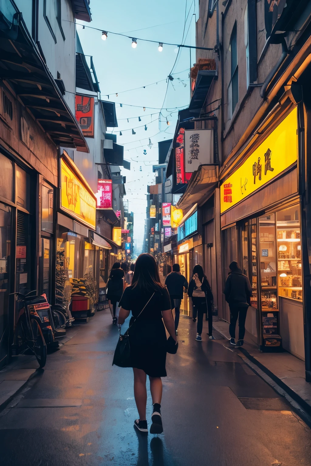A miniature image of a city stretching from alleys to streets, super detailed, masterpiece, Highest quality, super high quality, 不条理なdetailed, The best light, Best Shadow, sharp, sharp image, detailed, extremely detailed, Amazing resolution, 8K, 4K, Ultra-high resolution, Volumetric, Particle Effects, Beautiful Effects, neon, neon light, Sunbeam, sunlight, (People on the street)