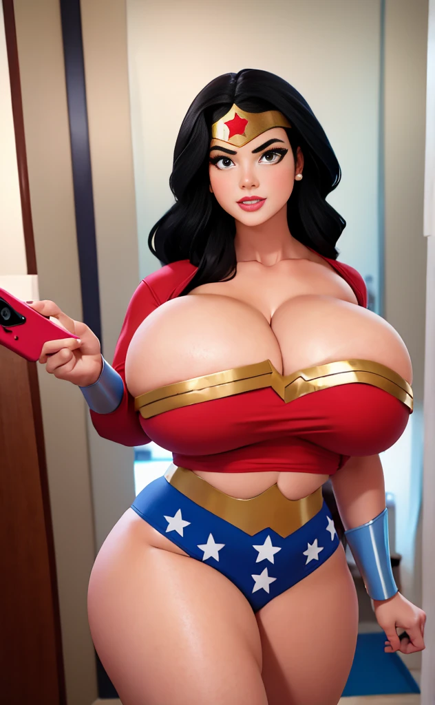 Best quality, masterpiece, high res, 8k, araffed woman cosplaying as a sluty wonderwoman is taking a selfie in a mirror, tumblr, tachisme, powerful and huge, nsfw huge breasts, big breasts, thicc, with a large breasts, thick neck, big breasts!, big breasts!!, extremely plump, with large breasts, busty, large breasts