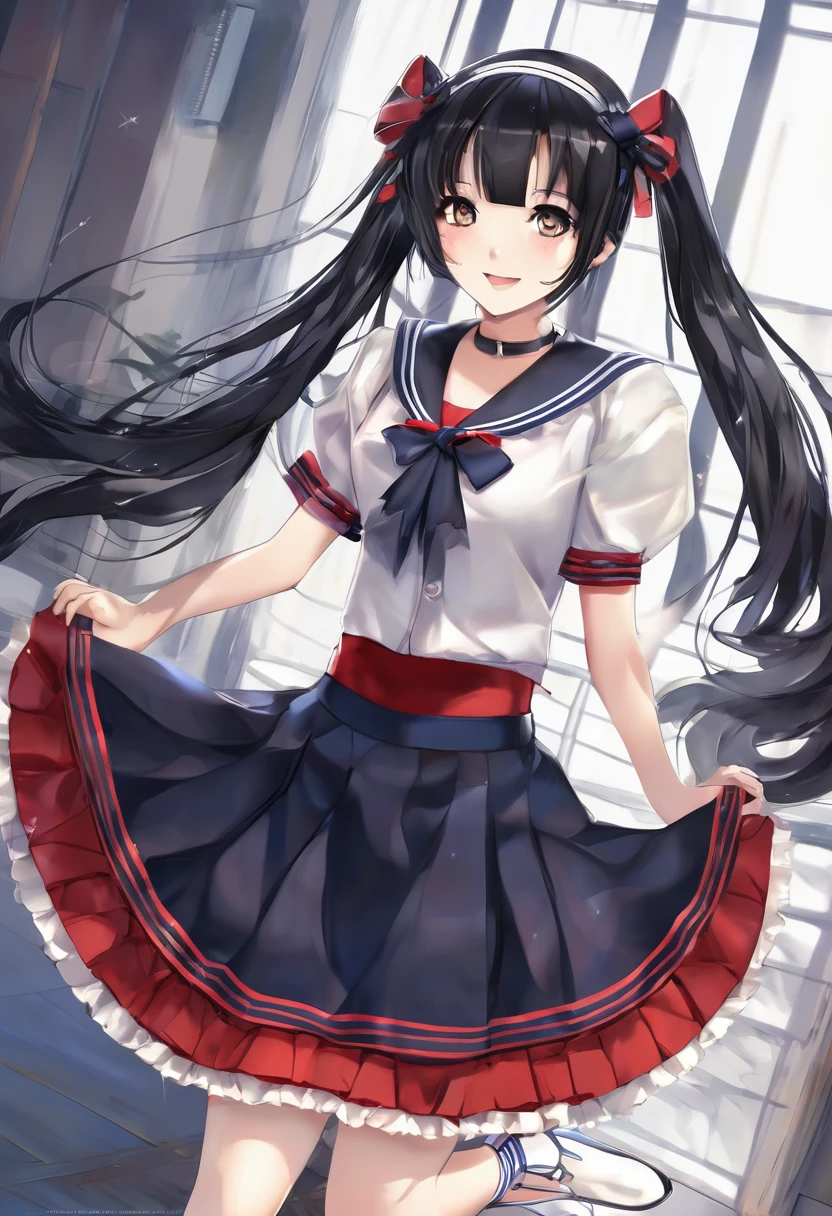  Highest quality, girl, Twin tails, Black Hair, bow 髪, Captivating smile,  Iris, Long eyelashes, Small breasts, Sailor, Long skirt, shoes, Stinking eyes, reproachful eyes, scornful eyes