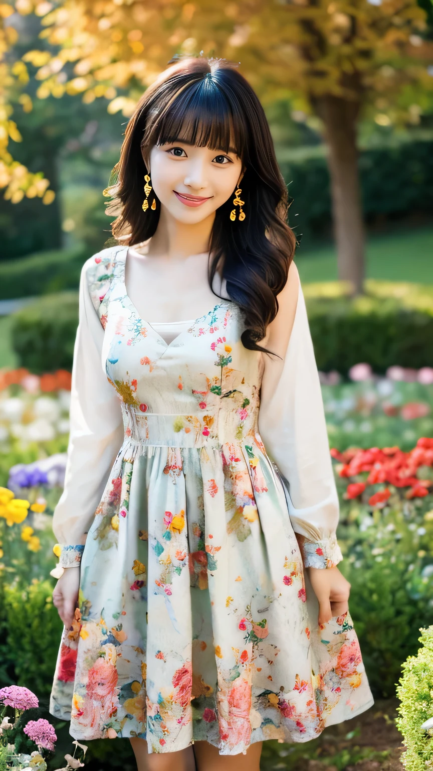 ((masterpiece)), 8K, masterpiece, Highest quality, 1 Girl, alone, Realistic, Autumn garden, Realistic, Very detailed, Detailed Background, (alone: 1.4), Wearing a colorful dress, Happy expression, Slender body, リアルでVery detailed長い髪, Intricate details, masterpiece, Highest quality, West Shot, ((Colorful flower garden background)), smile, ((looking at the camera)), Earrings, Black long hair, Asymmetrical bangs , Natural Breasts,