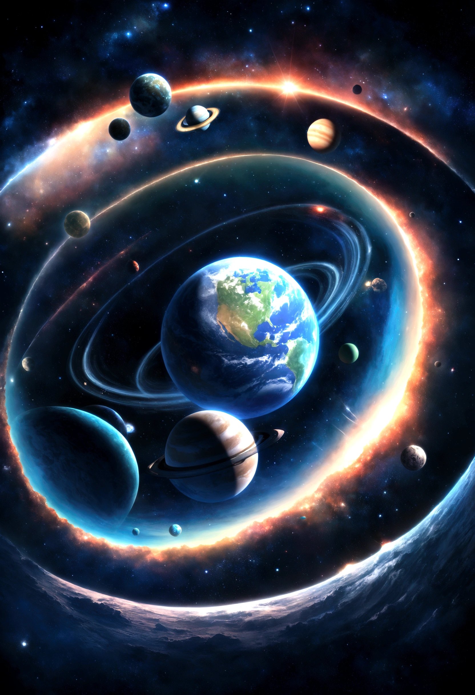 Image of a planet in the center of space, 15 planets rotating around the central planet, different planets, image in space