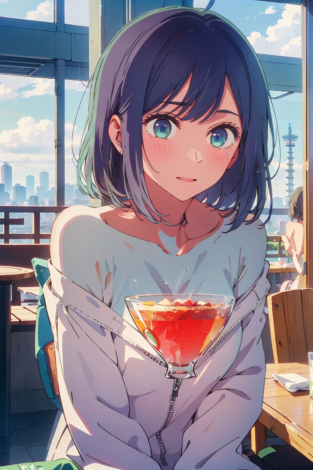 (Highest quality:1.4、8K:1.4、detailed)、F cup bust、Big Breasts、Slim body、Very white beautiful skin、((((1 person、Surprised expression、sit、Chair、In the background are the urban buildings of Tokyo、looking at the camera、Indoor cafe terrace、Navy hair color、juice、Shooting up close、table、Very cute face))))、((((nude、Areola))))、(Hands tuck hair behind ears:1.4)、(Cheek resting on hand)、Off-the-shoulder zip-up jacket