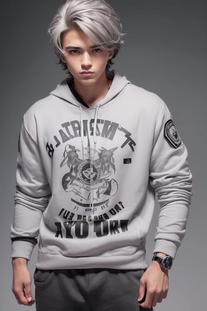 (8k high quality), (2d high quality), (high anime quality), (teenage handsome young boy), shining shaggy grey hair), (beautiful grey eyes), (smooth fair skin), (beautiful arched eyebrow), (silver wristwatch), (white t-shirt with different printed design), (gray-white contrast trim bomber jacket with 2 in 1 hoodie), (black hiking/combat tactical pants with white-gray lines)