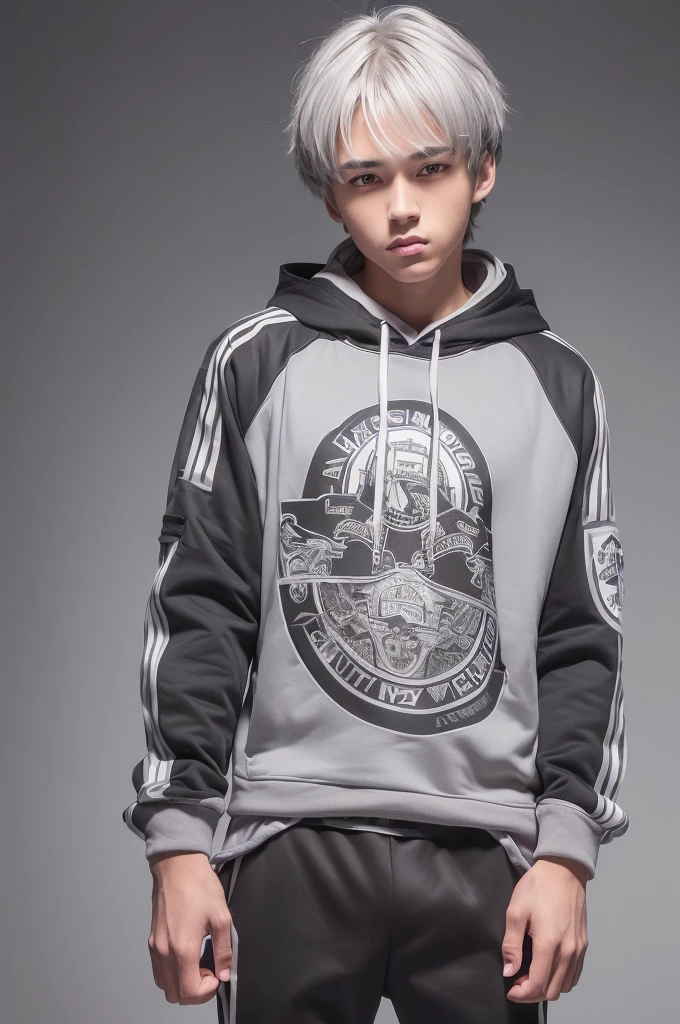 (8k high quality), (2d high quality), (high anime quality), (age handsome young boy), shining shaggy grey hair), (beautiful grey eyes), (smooth fair skin), (beautiful arched eyebrow), (silver wristwatch), (white t-shirt with different printed design), (gray-white contrast trim bomber jacket with 2 in 1 hoodie), (black hiking/combat tactical pants with white-gray lines)