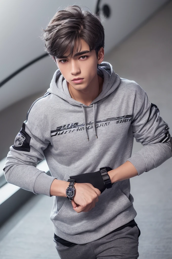 (8k high quality), (2d high quality), (high anime quality), (age handsome young boy), shining shaggy grey hair), (beautiful grey eyes), (smooth fair skin), (beautiful arched eyebrow), (silver wristwatch), (white t-shirt with different printed design), (gray-white contrast trim bomber jacket with 2 in 1 hoodie), (black hiking/combat tactical pants with white-gray lines)