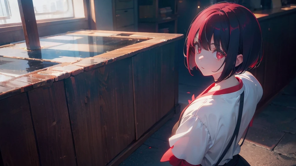 girl with short bob hair,Red eyes ,A shining heaven,Walking in heaven