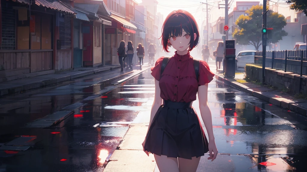 girl with short bob hair,Red eyes ,A shining heaven,Walking in heaven