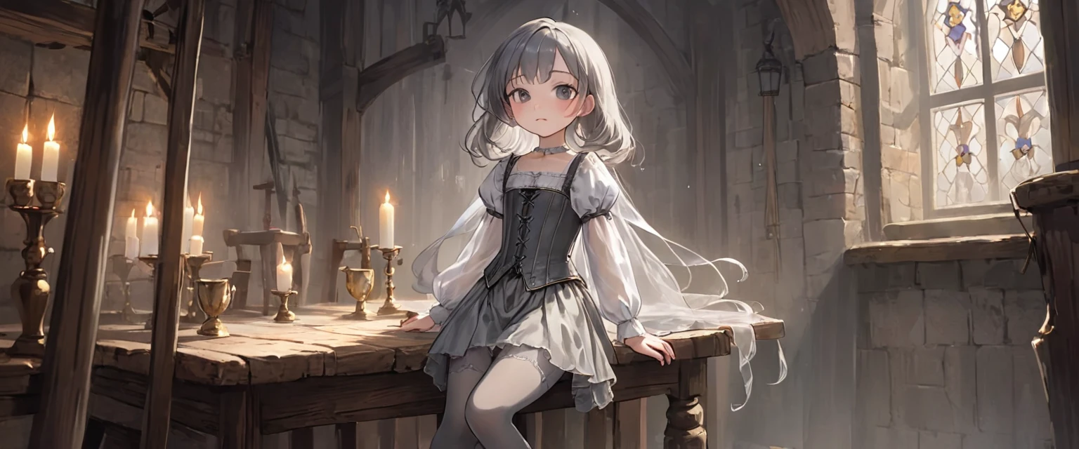 8 year old medieval girl, underwear姿、Translucent knee-length bloomers(underwear)wear、wear a semi-transparent corset、Translucent slip, Grey translucent tights