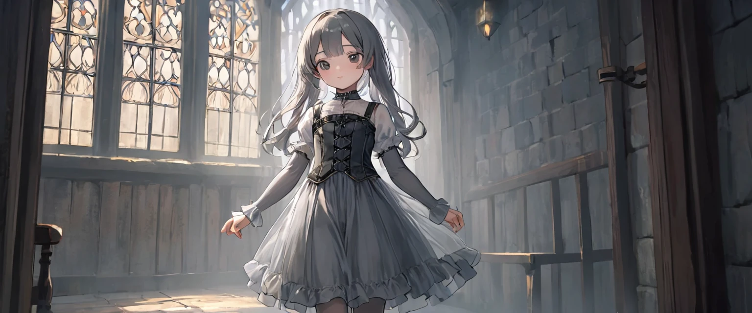 8 year old medieval girl, underwear姿、Translucent knee-length bloomers（underwear）wear、wear a semi-transparent corset、Translucent slip, Grey translucent tights