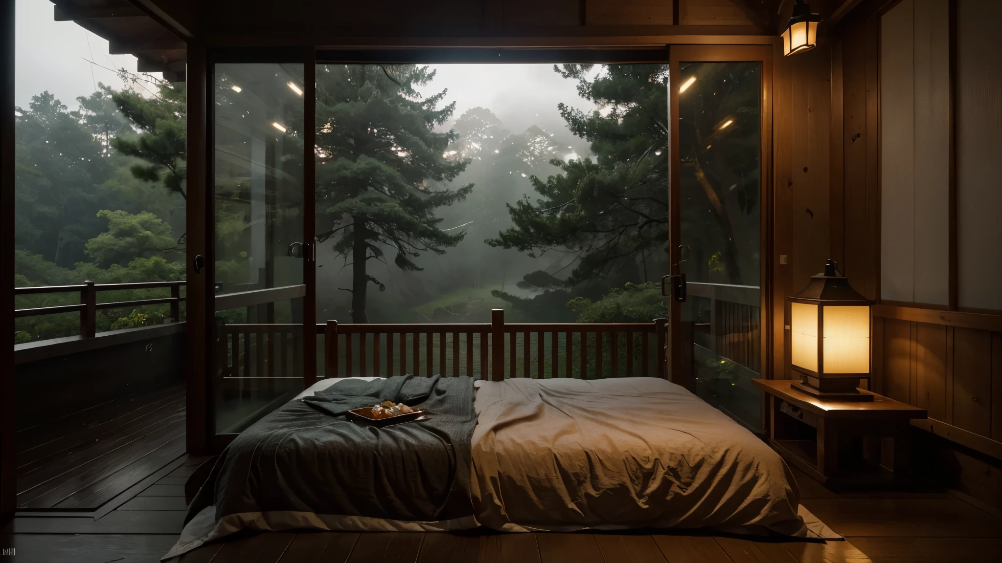 Beyond the bottom bed of the screen,the view outside the door is full of screens, and on the front, a cozy bed is close-up on the side. Outdoor scenery that occupies the entire screen
A small wooden table under the bed holds a glowing lamp. The warm light contrasts with the cool colors outside.japan
, ultra detailed bedroom,
There are pots on the table, adding a little green color.
It's an outdoor wooden boat wet, heavy fog, wet, deep forest,
Beyond the fully open balcony, you can see traditional Japanese houses through dense leaves. Their silhouettes are gently illuminated by the ambient light.
Dark and cloudy skies suggest evening or cloudy days.
prodigious amounts of information, realistic, HD, clear, high resolution, ultra wide shot, depth of field, bokeh, cinematic atmosphere., Macro photography, close-up, hyper detailed, trending on artstation, sharp focus, studio photo, intricate details, highly detailed, by greg rutkowski