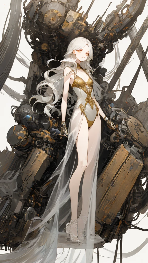 masterpiece， Highest quality， Observe the audience， length Hair， Fresh， （Wavy Hair：0.7），
White Theme， （（（（Gray ruins，）））），Human whole body，See-through leotard，Front view，Golden Eyes，Bright Eyes，length, Pure white straight hair，Small breasts、A light smile，（Full Shot），Ultra-high resolution，Accurate，Very detailed，Awards，Attention to detail，Highest quality，8K、High Leg、mysterious、Quiet abandoned cityscape、mechanical