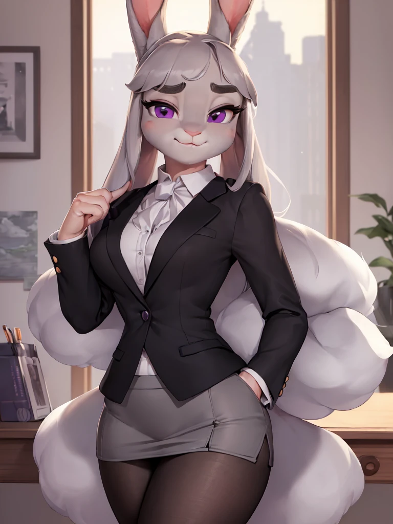 best quality,
masterpiece,
hyper Realistic,
ultra-detailed,
beautiful detailed,
Portrait,
Looking at the audience,
background is an office,

(Face is JudyHopps:1.25),
NamiFinal,
((long straight hair)),
wispy bangs, bangs,
purple eyes,
(arched eyebrows:1.1),
(uplift eyebrows:1.1),
(rabbit ears:1.1),

office lady is wearing suit,
((White blouse)),
((Black blazer jacket)),
((Black skirt)),
clothes made of cotton,

(outfit is made of wool:1.4), 
(((body is made of wool fabric))), 
(((body is gray with fluffy and fluffy))), 
(((skin is wool fabric with fluffy and fluffy))), 
human hands,

(solo:1.5),
(1 lady:1.5),
one character only
alone,
Perfect Anatomy