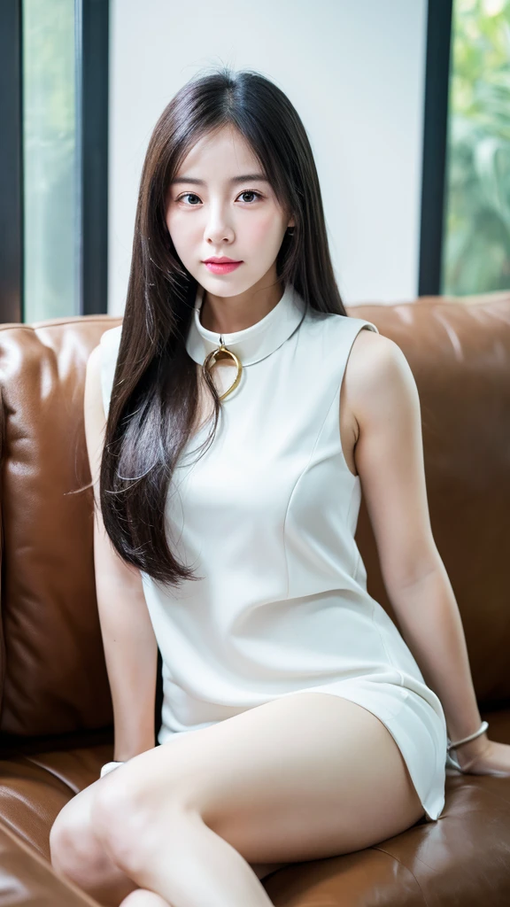  1 Girl, 30 years old，Chinese Face，Super white skin，Plump and plump，High collar dress，Sitting on the sofa，Long hair