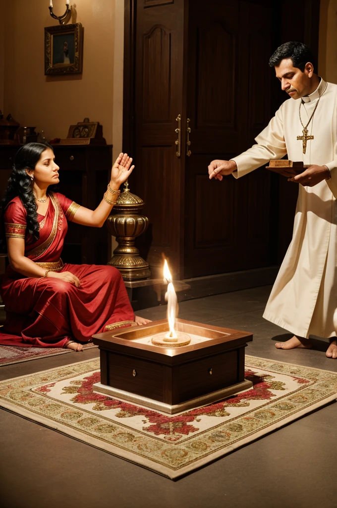 The family seeks help from a priest, who performs a havan to rid the house of negative energy.]